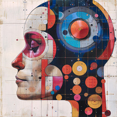 Wall Mural - Abstrakte Illustration: Head of a woman in technology-affine space. KI generiert.