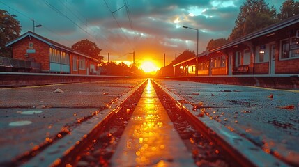 Wall Mural -   A train track with the sun setting behind the houses
