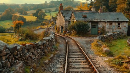 Wall Mural -   A rural countryside train track runs alongside a house, with a cow lying beyond it