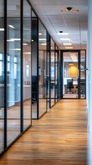 Wall Mural - View of an elegant office corridor with glass walls and wooden flooring, contemporary design