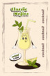 © Bazhena - Classic mojito cocktail character with a refreshing summer vibe. A retro poster or postcard for a summer cafe with a funny comic book character walking around.