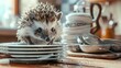   A hedgehog sitting in a bowl on a table, next to stacks of plates and spoons
