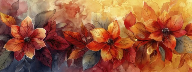 Wall Mural - Artistic Watercolor Composition of Autumn Leaves and Flowers, rich fall colors with a fluid background