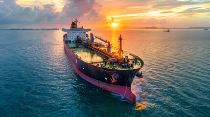 Aerial front view of a heavy crude oil tanker travelling over calm sea 