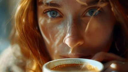 Poster - woman with blue eyes is drinking coffee