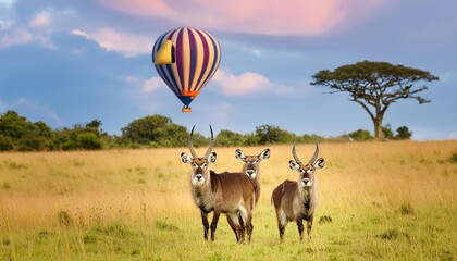 Wall Mural - waterbuck kobus ellipsiprymnus family standing with a a hot air balloon in the background on the savannah of the masai mara national park in kenya