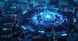 Blue digital shield and lock on abstract dark data background, cyber protection of computer information. Concept of secure, privacy, code, network, art.