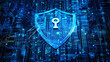 Cyber blue shield and key on abstract dark data background, digital protection of computer information. Concept of secure, privacy, code, network, security