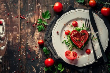 heart shape red tomato and fresh greenery on white plate on wooden table texture. Love for vegan food. Healthy eating lifestyle. 