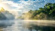 beautiful sunrise in an amazon river with fog