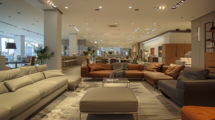 A premium furniture showroom adorned with sleek sofas, luxe materials, and ambient lighting making a statement