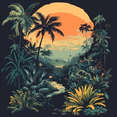 Wall Mural - An enchanting view of a tropical sunset with silhouettes of palm trees against a warm sky