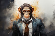 Artistic portrayal of a chimpanzee in a suit with a dynamic, splattered paint background.