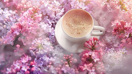 Canvas Print - Embrace the Mother s Day vibe with a delightful morning scene of a white cup filled with steaming coffee or frothy cappuccino set against a backdrop of dainty pink purple and lilac flowers 