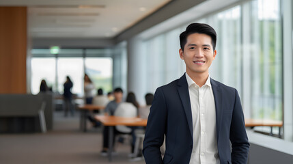 young businessman looking at a camera standing in the office. Elegant stylish corporate leader successful ceo executive manager.