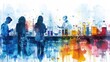 © pakbung - The image is a watercolor painting of a group of people walking in a city. The colors are vibrant and the people are depicted as silhouettes.