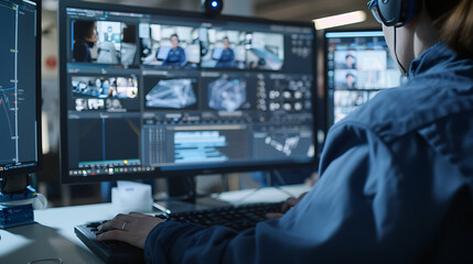 a person working on video editing software. The main focus is on a computer monitor displaying the interface of the video editing software