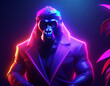  a gorilla in a suit illuminated by vibrant neon lights, 