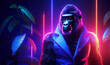  a gorilla in a suit illuminated by vibrant neon lights, 