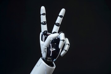 illustration of a robot hand showing a gesture of peace or victory on a black background. hand with 