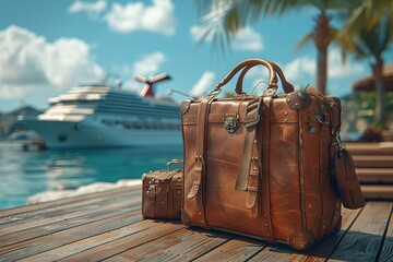 3D render of travel luggage and beach bag on wooden deck with cruise ship in the background, in the style of 2/4 place for text --ar 124:83 --stylize 750 Job ID: 9ef6d902-35cd-4446-82e5-8c7017fac0bf