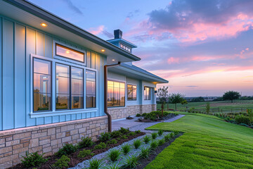 Pastel blue home during twilight, against a changing sky, with a blend of brick, stone, and green grass.