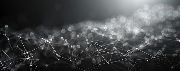 Wall Mural - Black and gray gradient background with a stark network of white plexus lines, reflecting modern digital infrastructure.