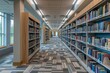 © Studium L&M - Modern library interior with natural light, featuring wood-tone shelves and geometric carpet, education themes or architectural designs.