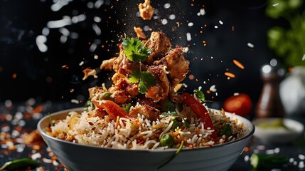 Wall Mural - indian chicken biryani, Spicy chicken biryani food photography, flying food, . Generative Ai