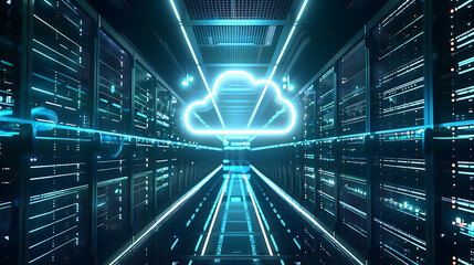 Wall Mural - a futuristic and illuminated data center with a holographic cloud symbol at its center