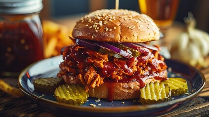 Delicious fried jackfruit burger with BBQ sauce and pickles on wooden table