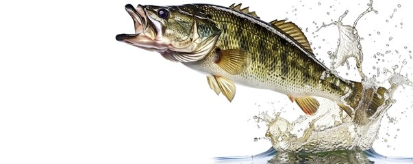 An action shot of a largemouth bass fish jumping out of water creating a dynamic splash, isolated on a white background.