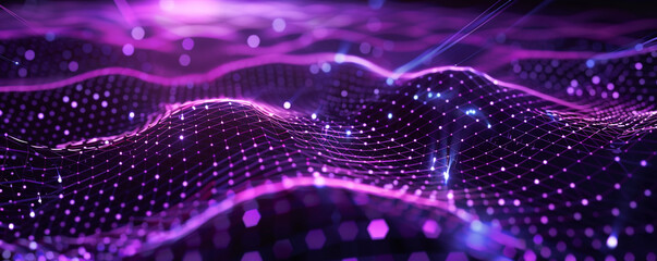 Wall Mural - Dark purple mesh with glowing digital nodes, portraying encrypted data transfer in a secure network.