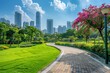 © SKIMP Art - The green space of the park features grass, flowers and trees on both sides of a curved brick road leading to downtown Generative AI
