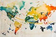 Watercolor map of the world depicting the migration patterns of different bird species.