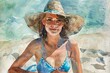 Watercolor of a woman in swimwear at a beach.