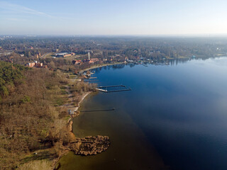 Wall Mural - Aerial landscape of Havel river Wannsee beach and Grunewald forest on a sunny day in Berlin