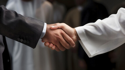 Two men shaking hands, one in business suit, the other in clothes typical in Saudi Arabia