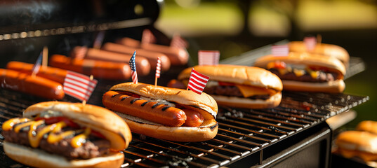 Wall Mural - featuring a close-up of a grill at a park with burgers and hot dogs, with small American flags inserted in the buns, Memorial Day, Independence Day, with copy space