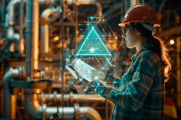 A female worker in a hard hat interacts with a holographic pyramid in an industrial setting, indicating innovation