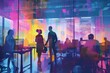 © Odin AI - Dynamic office environment with silhouetted figures and a colorful cityscape backdrop