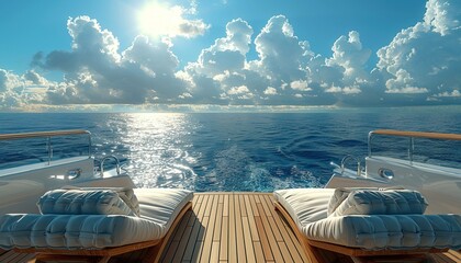 Wall Mural - A deck of a luxury cruise ship with sun loungers on the sea background, blue sky and clouds. Photorealistic