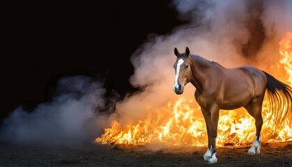 Wall Mural - horse in the dark with fire and smoke panoramic banner