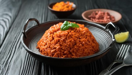 Poster - tasty traditional nigerian jollof rice on black wooden table
