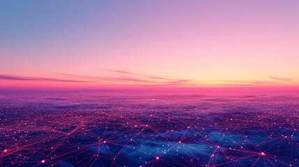 Wall Mural - High-tech digital mesh against a gradient of twilight hues, illustrating interconnected technology.