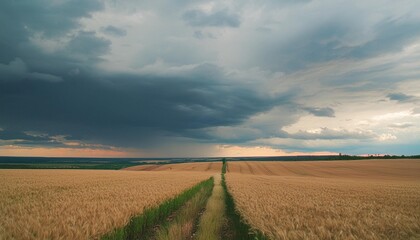 Poster - natural rural summer panoramic landscape wheat field against stormy sky with dark clouds nature before thunderstorm generative ai