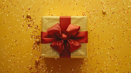 Wall Mural - A festive gift box topped with a beautiful bow sits against a cheerful yellow backdrop dusted with glitter capturing the essence of Christmas New Year Valentine s Day and birthdays This tre