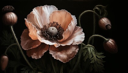 Wall Mural - vintage matte oil painting of a poppy flower dark tones rembrandt cottagecore aesthetic