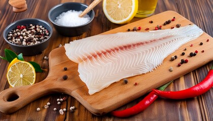 Wall Mural - raw white fish fillet with spices and lemon on wooden cutting board