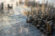 © Sataporn - A 3D rendering of a city made of blocks with a glowing grid on the ground and glowing particles in the background.